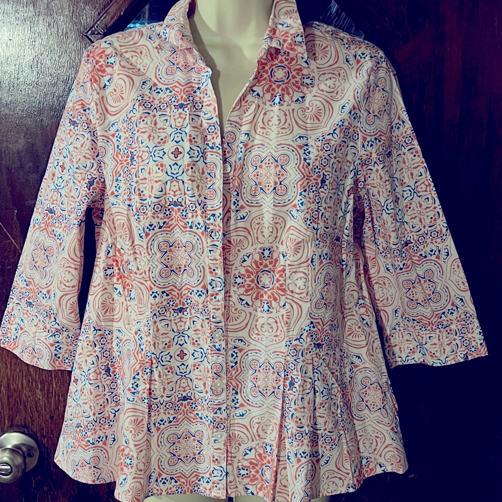 Dana Buchman orange and turquoise design with peplum bottom Large